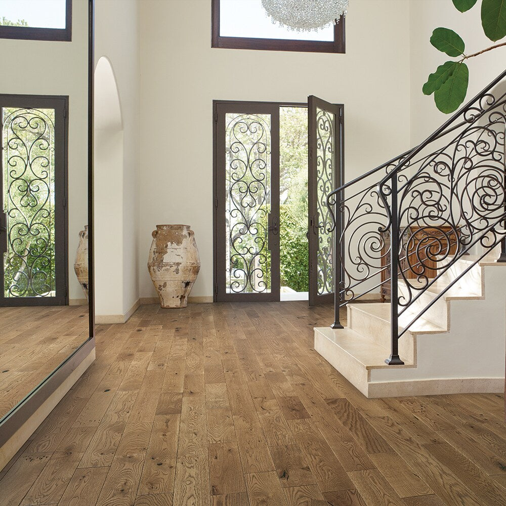 Villa Barcelona Ascent French Oak 5-in W x 3/4-in T x Varying Length Wirebrushed Solid Hardwood Flooring (22.6-sq ft / Carton)